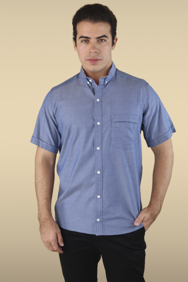 Camisa Manga Corta Azul Jaspe Slim Fit Con Bolsa Semi Oculta Para Hombre